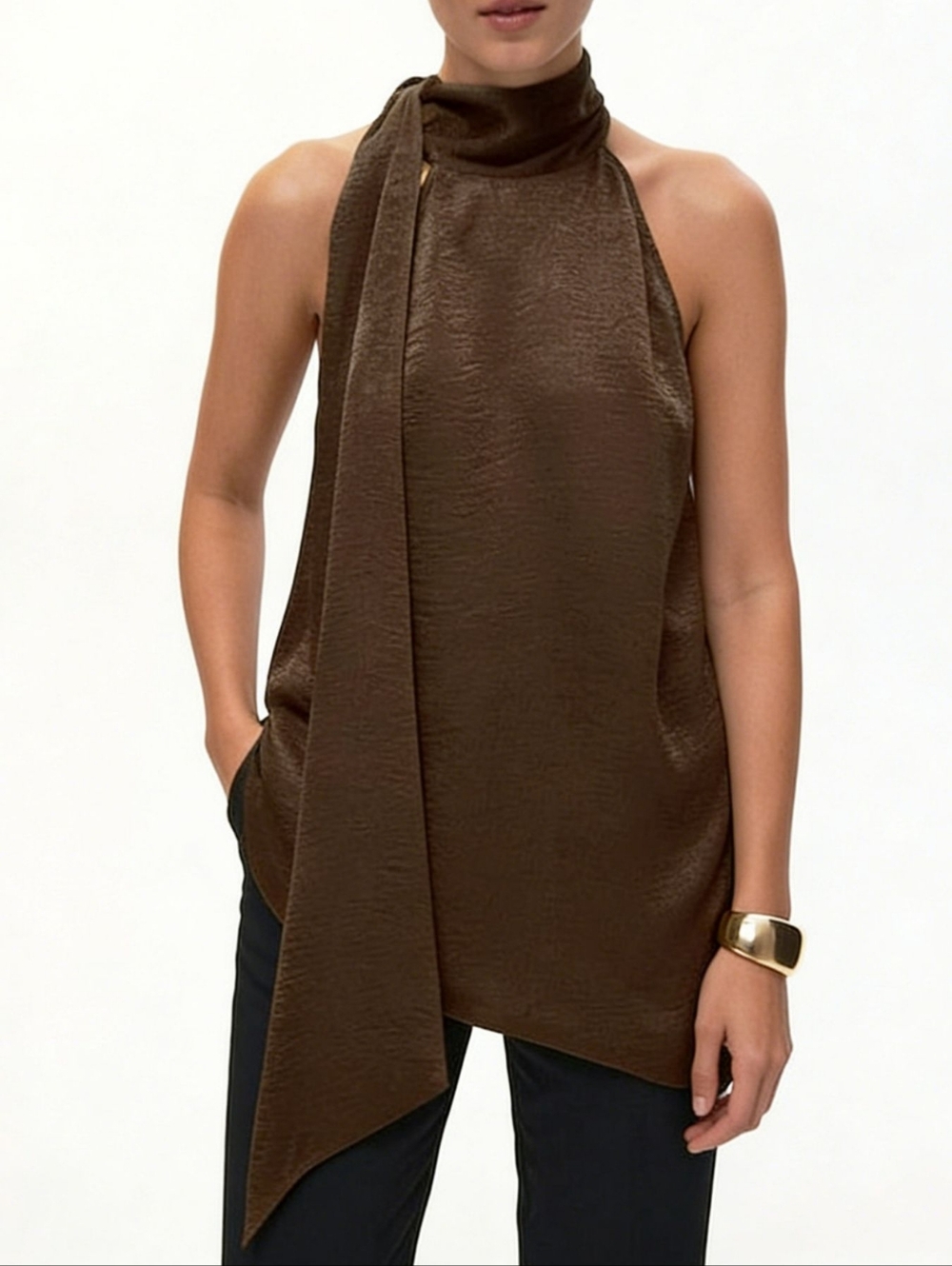 High-Neck Tie Halter Top - Chocolate Brown - Picture 7 of 12